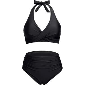 imageHolipick Women Two Piece Swimsuit High Waisted Bikini Sets Halter Top with Bottoms Tummy Comtrol Bathing SuitBlack