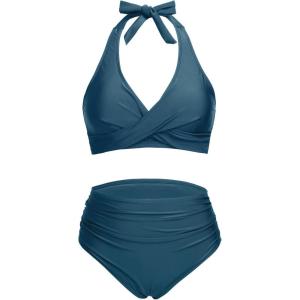 imageHolipick Women Two Piece Swimsuit High Waisted Bikini Sets Halter Top with Bottoms Tummy Comtrol Bathing SuitGreen