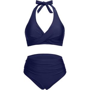 imageHolipick Women Two Piece Swimsuit High Waisted Bikini Sets Halter Top with Bottoms Tummy Comtrol Bathing SuitNavy Blue