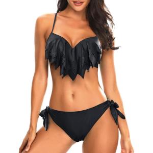 imageHolipick Women Two Piece Swimsuit Push Up Underwire Bikini Sets Sexy Bathing Suits Ruffle Bikini Top with Bottom Teen GirlsSolid Black
