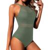imageHolipick Crochet Tummy Control One Piece Swimsuit Modest Bathing Suit High Neck Full Coverage SwimwearOlive Green