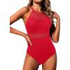 imageHolipick Crochet Tummy Control One Piece Swimsuit Modest Bathing Suit High Neck Full Coverage SwimwearRed