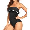 imageHolipick Strapless One Piece Swimsuits for Women Tummy Control Bandeau Bathing Suits Ruffle Slimming SwimwearBlack With White