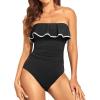 imageHolipick Strapless One Piece Swimsuits for Women Tummy Control Bandeau Bathing Suits Ruffle Slimming SwimwearBlack With White