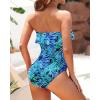 imageHolipick Strapless One Piece Swimsuits for Women Tummy Control Bandeau Bathing Suits Ruffle Slimming SwimwearBlue Leaves