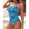 imageHolipick Strapless One Piece Swimsuits for Women Tummy Control Bandeau Bathing Suits Ruffle Slimming SwimwearBlue Leaves