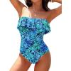 imageHolipick Strapless One Piece Swimsuits for Women Tummy Control Bandeau Bathing Suits Ruffle Slimming SwimwearBlue Leaves