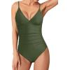 imageHolipick Tummy Control One Piece Swimsuits for Women Ruched Bathing Suits V Neck Slimming SwimwearArmy Green