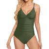 imageHolipick Tummy Control One Piece Swimsuits for Women Ruched Bathing Suits V Neck Slimming SwimwearArmy Green