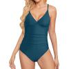 imageHolipick Tummy Control One Piece Swimsuits for Women Ruched Bathing Suits V Neck Slimming SwimwearGreen