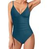 imageHolipick Tummy Control One Piece Swimsuits for Women Ruched Bathing Suits V Neck Slimming SwimwearGreen