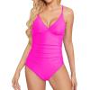 imageHolipick Tummy Control One Piece Swimsuits for Women Ruched Bathing Suits V Neck Slimming SwimwearHot Pink 1