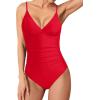 imageHolipick Tummy Control One Piece Swimsuits for Women Ruched Bathing Suits V Neck Slimming SwimwearRed 1