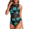 imageHolipick Women High Neck One Piece Swimsuits for Women Mesh Bathing Suits Open Back SwimwearBlack Leaves