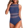 imageHolipick Women High Neck One Piece Swimsuits for Women Mesh Bathing Suits Open Back SwimwearBlue