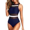 imageHolipick Women High Neck One Piece Swimsuits for Women Mesh Bathing Suits Open Back SwimwearBlue and White