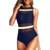 imageHolipick Women High Neck One Piece Swimsuits for Women Mesh Bathing Suits Open Back SwimwearBlue and White