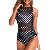 imageHolipick Women High Neck One Piece Swimsuits for Women Mesh Bathing Suits Open Back SwimwearPolka Dot