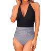 imageHolipick Women One Piece Swimsuit Tummy Control Halter Bathing Suit Sexy Plunge V Neck SwimwearBlack Striped