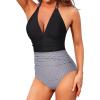 imageHolipick Women One Piece Swimsuit Tummy Control Halter Bathing Suit Sexy Plunge V Neck SwimwearBlack Striped
