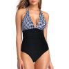 imageHolipick Women One Piece Swimsuit Tummy Control Halter Bathing Suit Sexy Plunge V Neck SwimwearBlack White