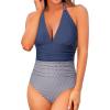 imageHolipick Women One Piece Swimsuit Tummy Control Halter Bathing Suit Sexy Plunge V Neck SwimwearBlue