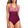 imageHolipick Women One Piece Swimsuit Tummy Control Halter Bathing Suit Sexy Plunge V Neck SwimwearRed Plaid