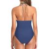 imageHolipick Women One Piece Swimsuit Tummy Control Halter Bathing Suit Sexy Plunge V Neck SwimwearStripe Blue