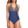 imageHolipick Women One Piece Swimsuit Tummy Control Halter Bathing Suit Sexy Plunge V Neck SwimwearStripe Blue