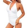 imageHolipick Women One Piece Swimsuit Tummy Control Halter Bathing Suit Sexy Plunge V Neck SwimwearWhite