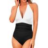imageHolipick Women One Piece Swimsuit Tummy Control Halter Bathing Suit Sexy Plunge V Neck SwimwearWhite Black