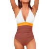 imageHolipick Women One Piece Swimsuit Tummy Control Halter Bathing Suit Sexy Plunge V Neck SwimwearWhite Orange Brown