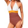 imageHolipick Women One Piece Swimsuit Tummy Control Halter Bathing Suit Sexy Plunge V Neck SwimwearWhite Orange Brown