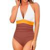imageHolipick Women One Piece Swimsuit Tummy Control Halter Bathing Suit Sexy Plunge V Neck SwimwearWhite Orange Brown
