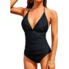 imageHolipick Women One Piece Swimsuits Tummy Control Bathing Suits Halter Swimwear Sexy V Neck Swim SuitBlack