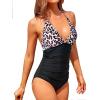 imageHolipick Women One Piece Swimsuits Tummy Control Bathing Suits Halter Swimwear Sexy V Neck Swim SuitBlack Leopard