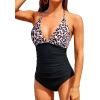 imageHolipick Women One Piece Swimsuits Tummy Control Bathing Suits Halter Swimwear Sexy V Neck Swim SuitBlack Leopard