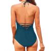 imageHolipick Women One Piece Swimsuits Tummy Control Bathing Suits Halter Swimwear Sexy V Neck Swim SuitPine Green
