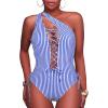 imageHolipick Women Sexy One Piece Swimsuit One Shoulder Bathing Suit Lace Up Swimwear MonokiniBlue Striped