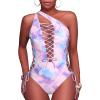 imageHolipick Women Sexy One Piece Swimsuit One Shoulder Bathing Suit Lace Up Swimwear MonokiniPink and Purple