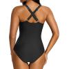 imageHolipick Women Tummy Control One Piece Swimsuit Sexy V Neck Mesh Bathing Suit Slimming Push Up SwimwearBlack