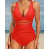 imageHolipick Women Tummy Control One Piece Swimsuit Sexy V Neck Mesh Bathing Suit Slimming Push Up SwimwearRed