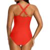 imageHolipick Women Tummy Control One Piece Swimsuit Sexy V Neck Mesh Bathing Suit Slimming Push Up SwimwearRed