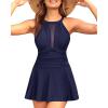 imageHolipick Womens One Piece Swim Dress High Neck Swimsuit Tummy Control Halter Modest Skirt Bathing Suits Long SwimdressNavy Blue