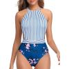 imageHolipick Womens One Piece Swimsuit Cutout High Neck Bathing Suits Tummy Control Swimwear for Teen GirlsBlue Stripe Floral