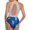 imageHolipick Womens One Piece Swimsuit Cutout High Neck Bathing Suits Tummy Control Swimwear for Teen GirlsBlue Stripe Floral