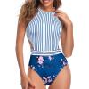 imageHolipick Womens One Piece Swimsuit Cutout High Neck Bathing Suits Tummy Control Swimwear for Teen GirlsBlue Stripe Floral
