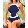 imageHolipick Womens One Piece Swimsuit Cutout High Neck Bathing Suits Tummy Control Swimwear for Teen GirlsBlue and White