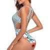 imageHolipick Womens One Piece Swimsuit Cutout High Neck Bathing Suits Tummy Control Swimwear for Teen GirlsGreen Stripe Floral
