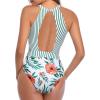 imageHolipick Womens One Piece Swimsuit Cutout High Neck Bathing Suits Tummy Control Swimwear for Teen GirlsGreen Stripe Floral